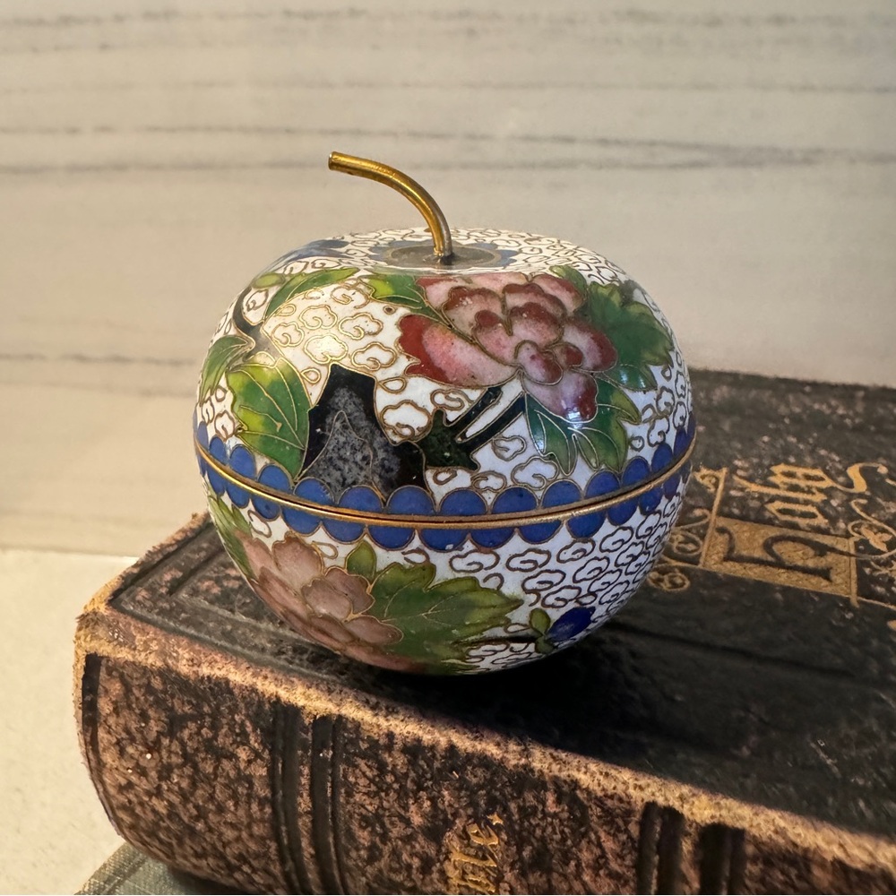 Cloisonne Trinket Box Multi Coloured Floral with Gold Clouds Brass Overlay Apple